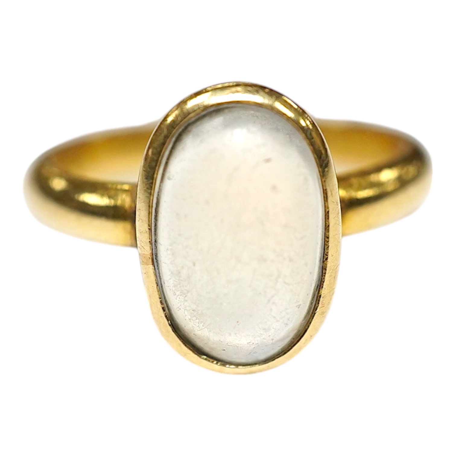 A 14k and single stone cabochon moonstone set ring, size R, gross weight 5.4 grams. Condition - poor to fair